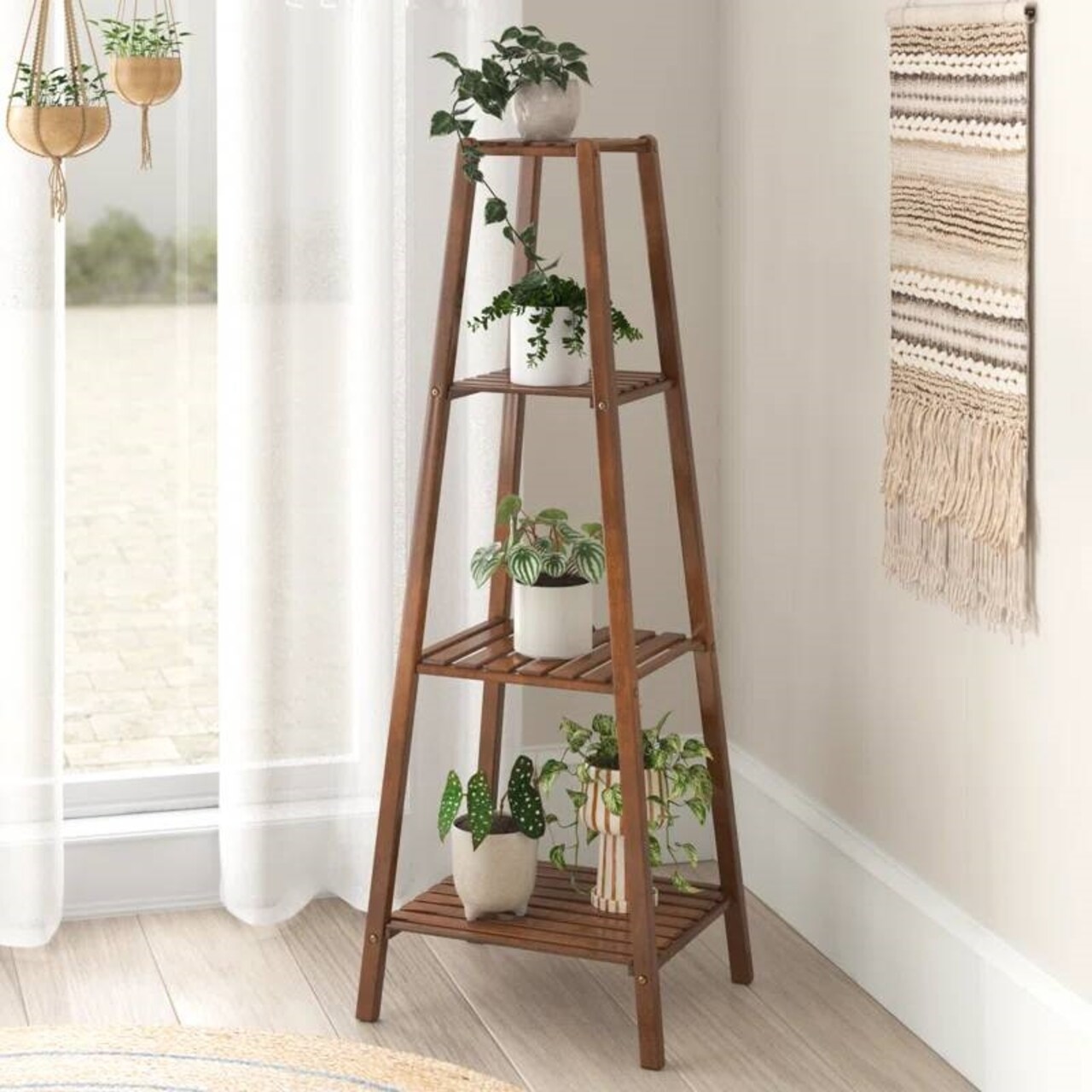Modern Wood 4 Tier Pyramidal Plant Stand for Indoor Corner Display